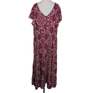 Oak & Trellis Floral Midi Dress Womens Size 3X Boysenberry Flutter Sleeve V Neck